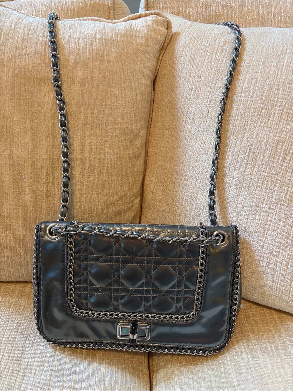 Glossy Black Quilted Chain-Trim Shoulder Bag